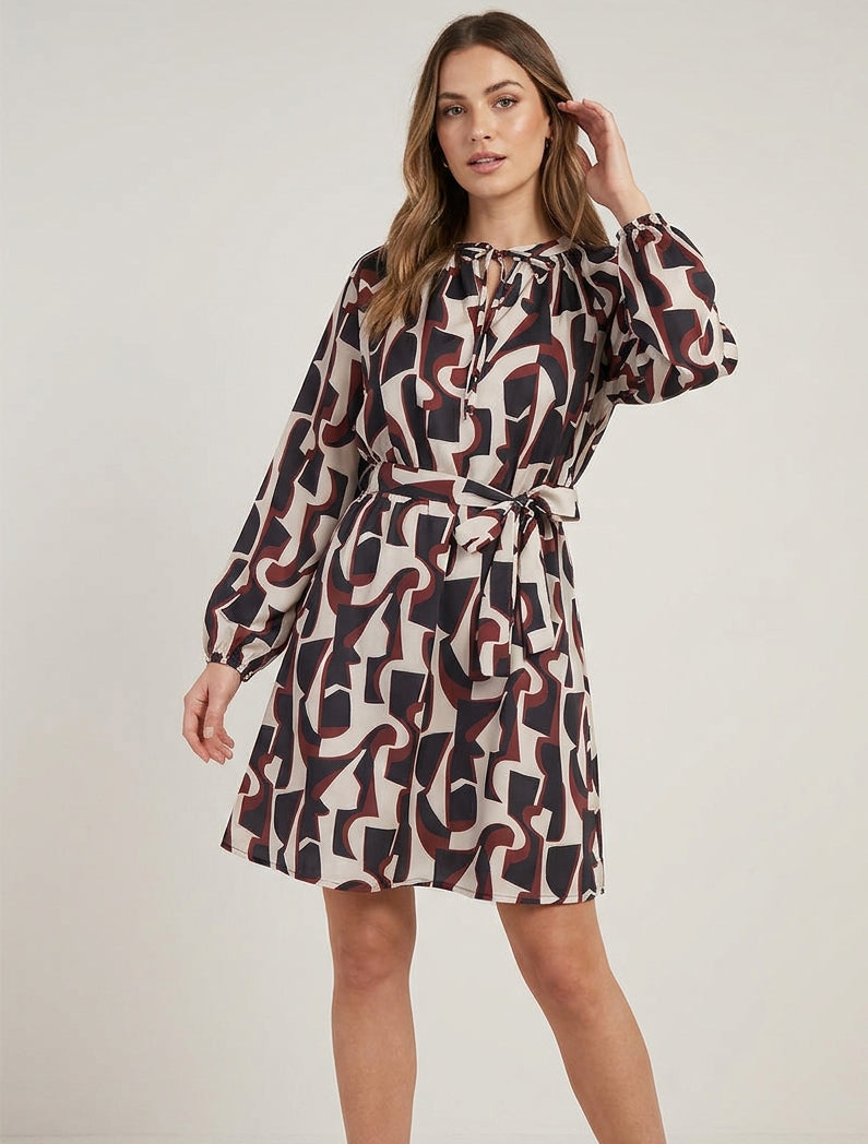 Robe satinée à manches longues et imprimé graphique - Noir