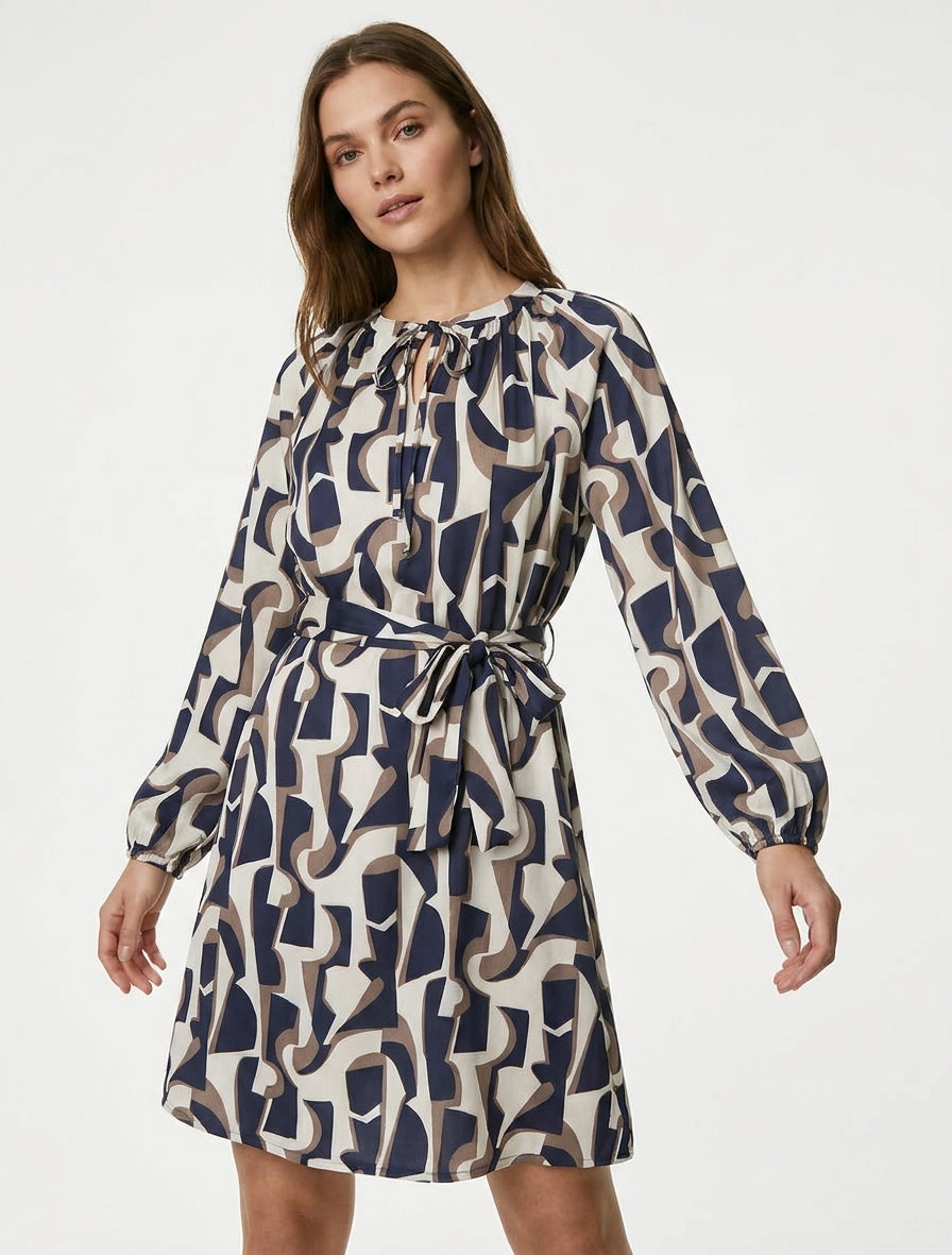 Robe satinée à manches longues et imprimé graphique - Marine