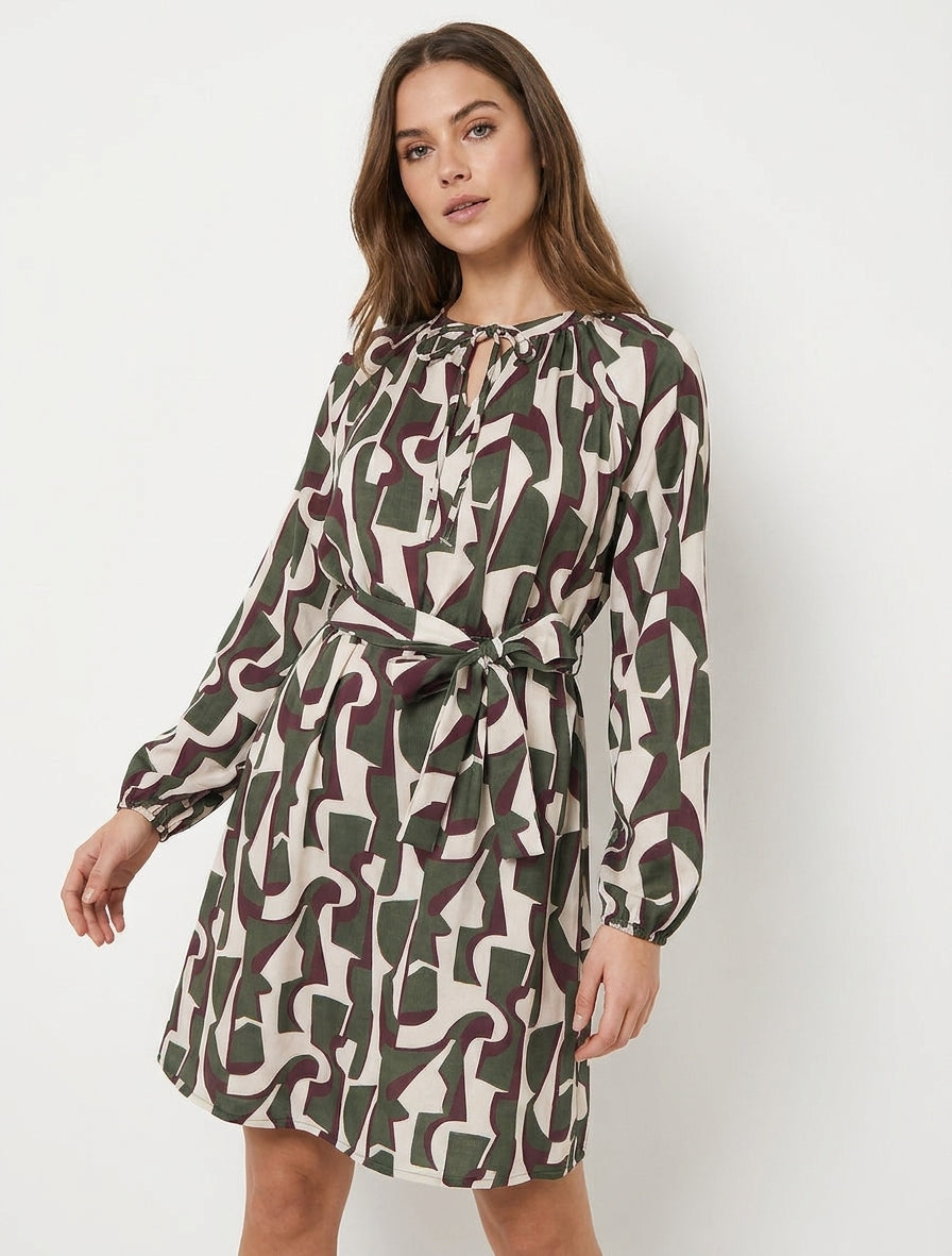 Robe satinée à manches longues et imprimé graphique - Kaki