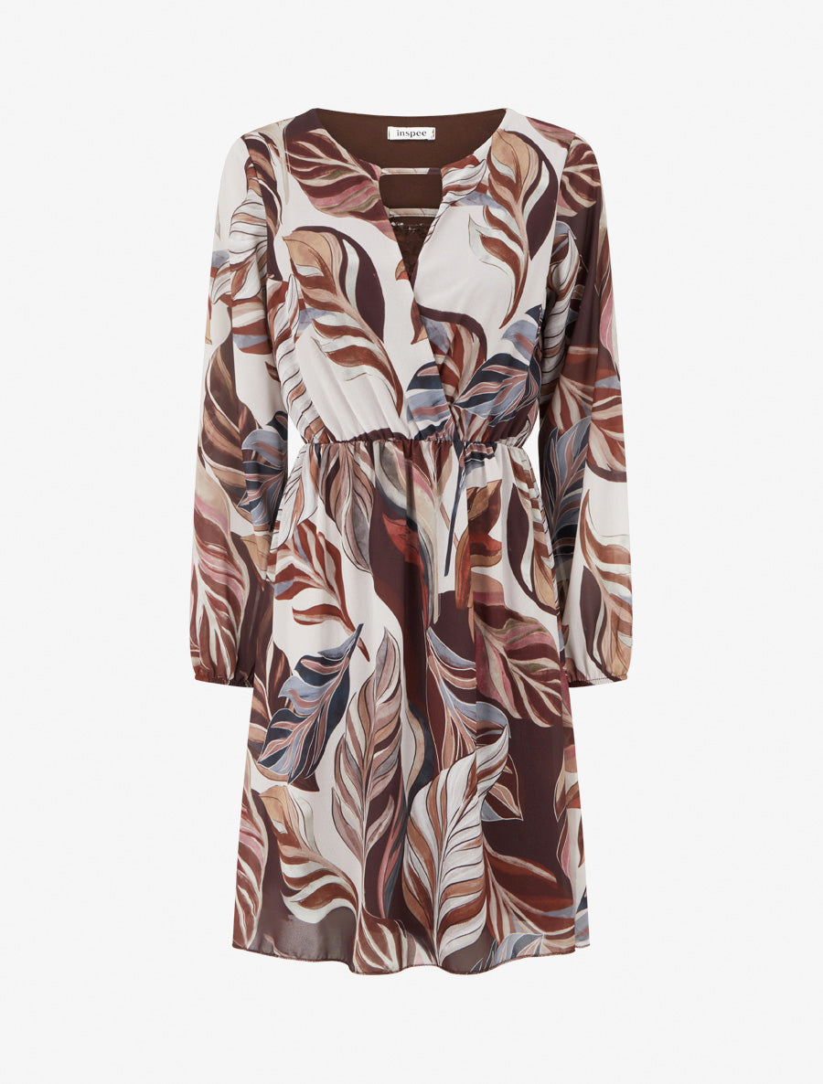 Robe évasée imprimé feuilles stylisées - Marron - 1
