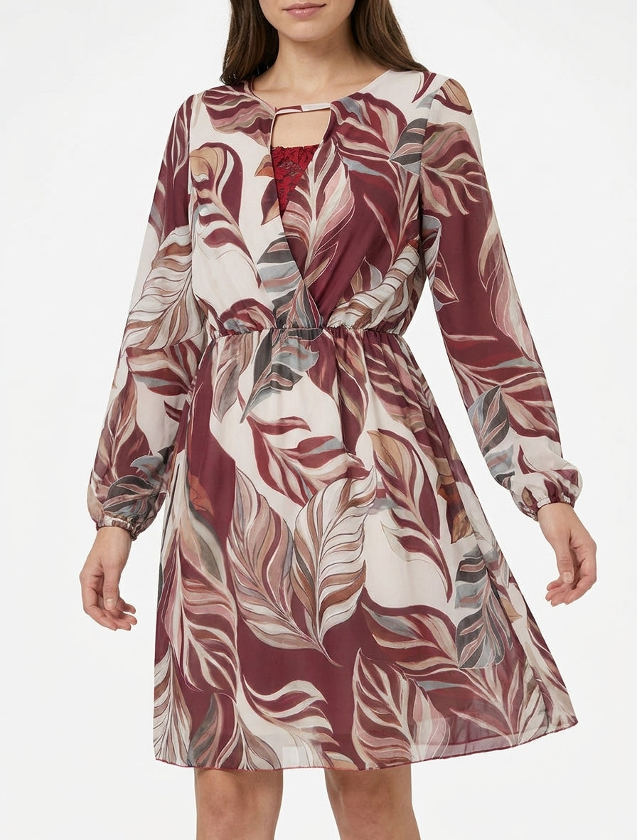 Robe évasée imprimé feuilles stylisées - Lie de vin