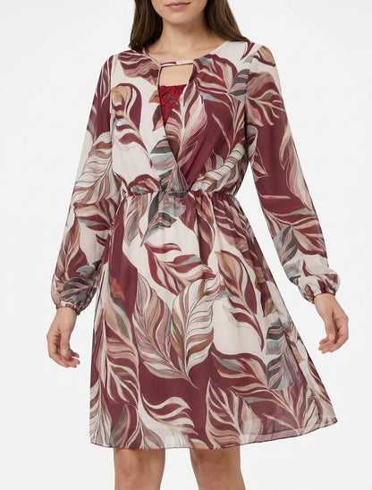 Robe évasée imprimé feuilles stylisées - Lie de vin