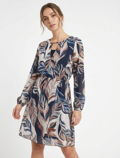 Robe évasée imprimé feuilles stylisées - Marine