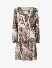 Robe évasée imprimé feuilles stylisées - Kaki - 1