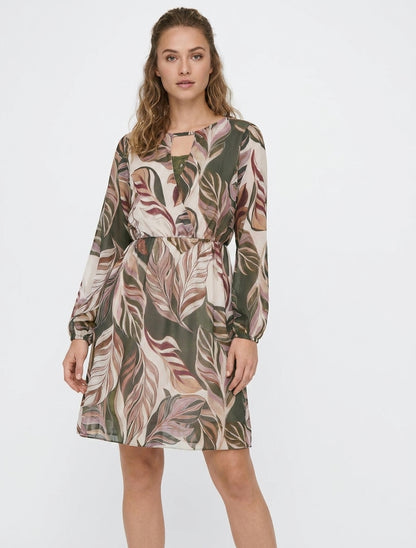Robe évasée imprimé feuilles stylisées - Kaki