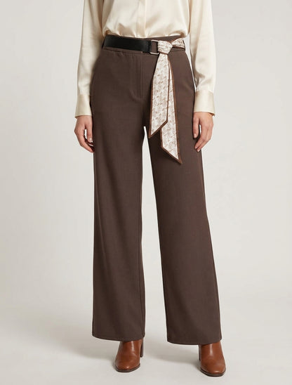 Wijde broek met hoge taille en sjaalstijl riem - Bruin
