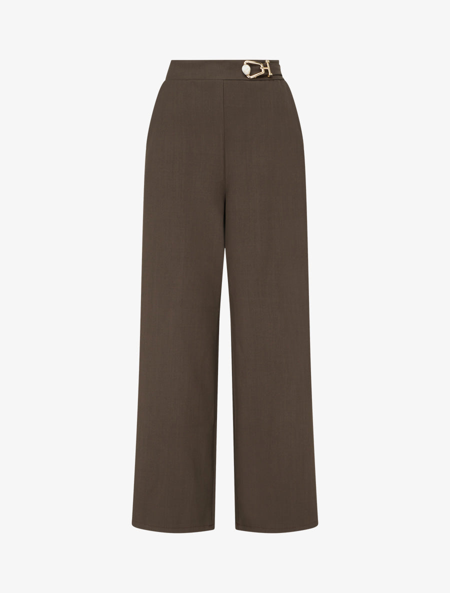 Pantalon ample taille haute à bijou fantaisie - Marron - 1