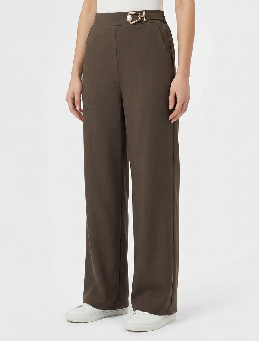 Hoge taille wijde broek met fantasiejuweel - Bruin