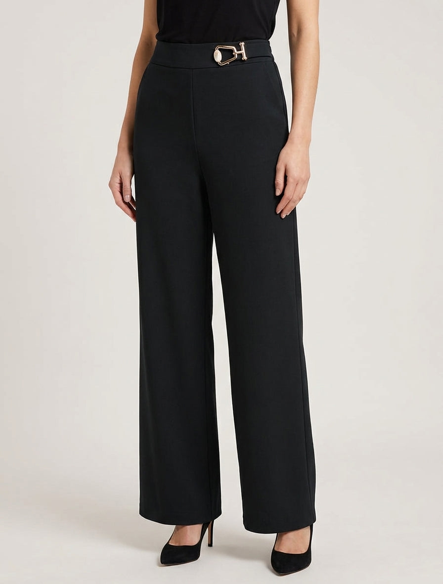 Hoge taille wijde broek met fantasiejuweel - Zwart