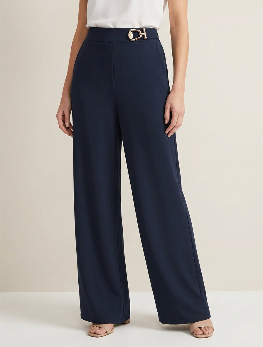 Hoge taille wijde broek met fantasiejuweel - Marine