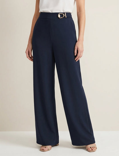 Hoge taille wijde broek met fantasiejuweel - Marine