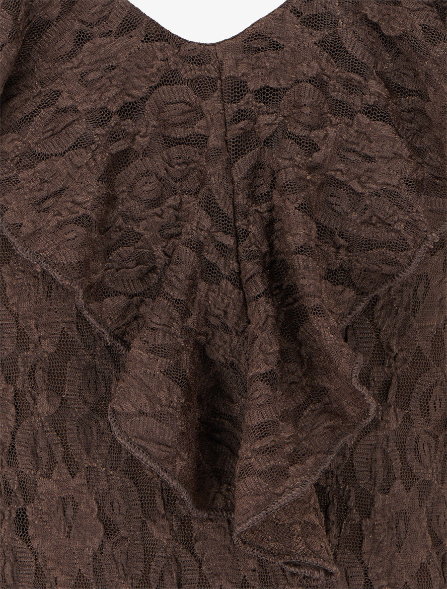 Top droit en dentelle à col V volanté - Marron - 3