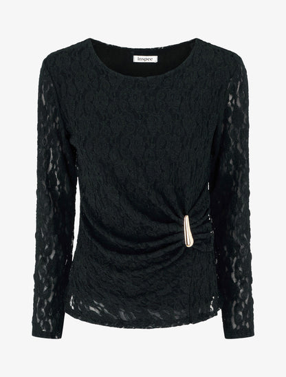 Top en dentelle à effet drapé et bijou métal - Noir - 1