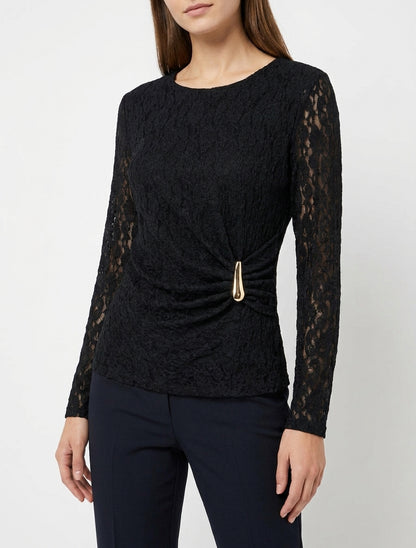 Top en dentelle à effet drapé et bijou métal - Noir