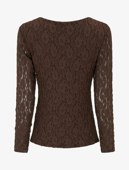 Top en dentelle à effet drapé et bijou métal - Marron - 2