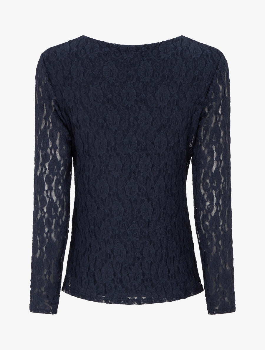 Top en dentelle à effet drapé et bijou métal - Marine - 2