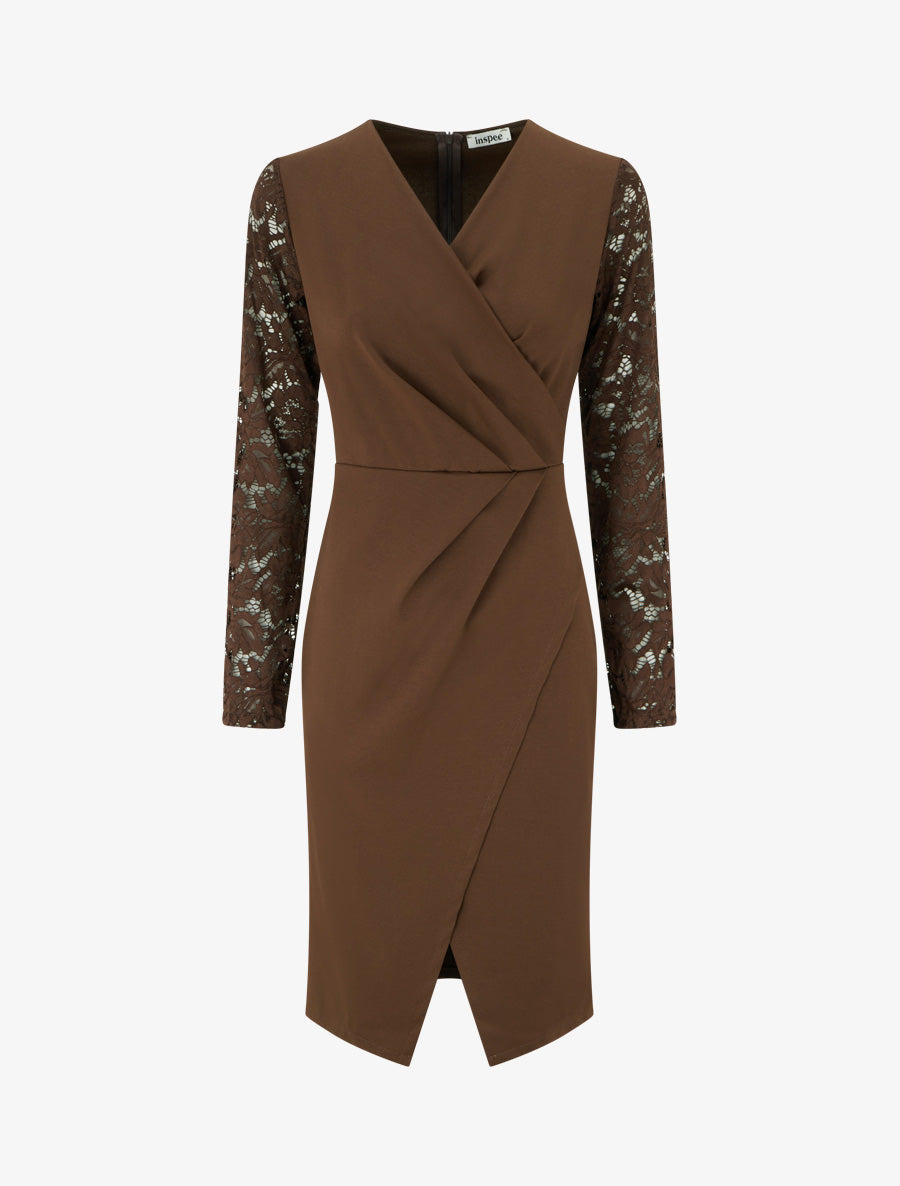 Robe portefeuille ajustée à manches en dentelle - Marron - 1