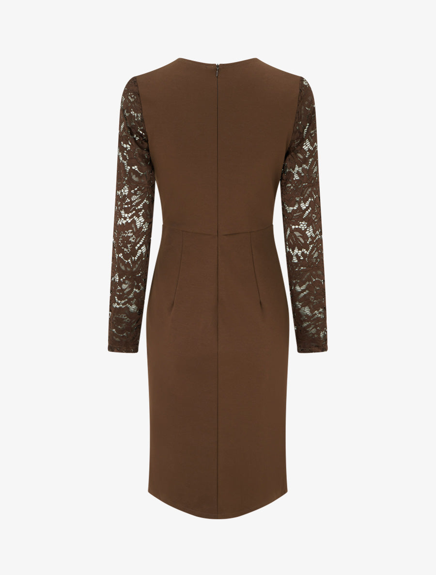 Robe portefeuille ajustée à manches en dentelle - Marron - 2