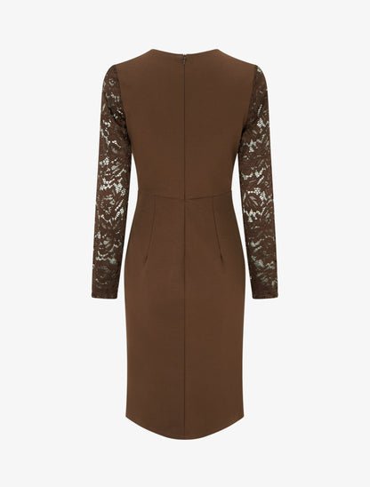 Robe portefeuille ajustée à manches en dentelle - Marron - 2