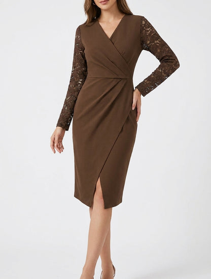 Robe portefeuille ajustée à manches en dentelle - Marron