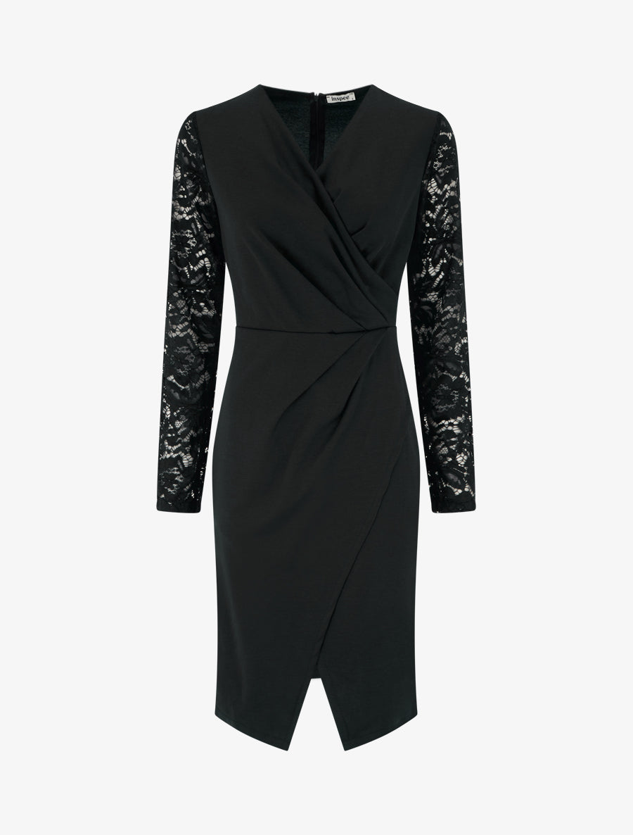 Robe portefeuille ajustée à manches en dentelle - Noir - 1
