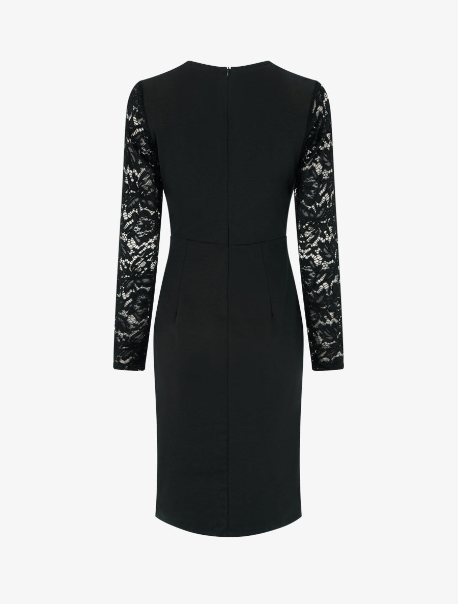 Robe portefeuille ajustée à manches en dentelle - Noir - 2