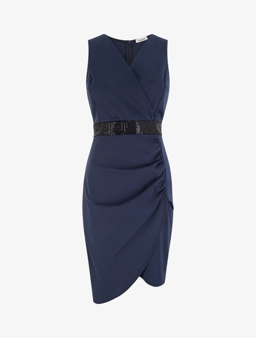 Robe portefeuille sans manches à sequins - Marine - 1