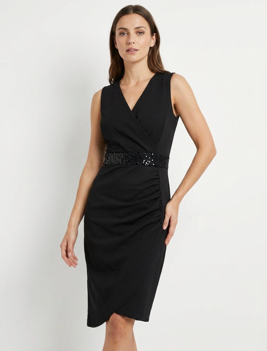Robe portefeuille sans manches à sequins - Noir