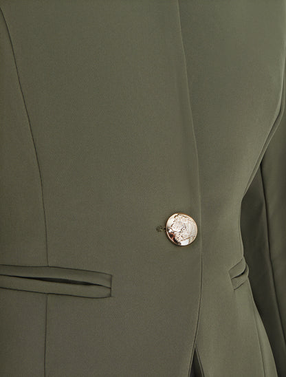 Veste un bouton à épaulettes et col rond - Kaki - 3
