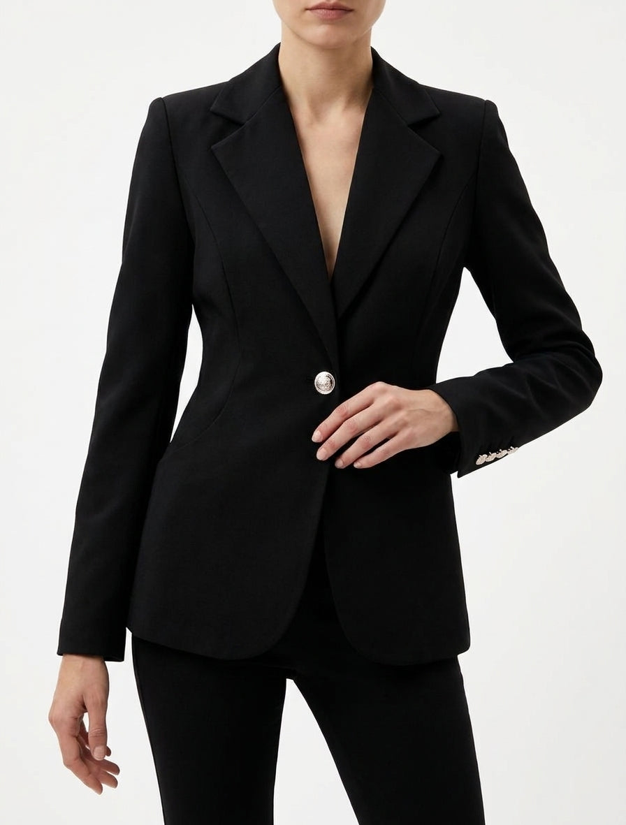 Getailleerde blazer met één knoop en schoudervullingen - Zwart