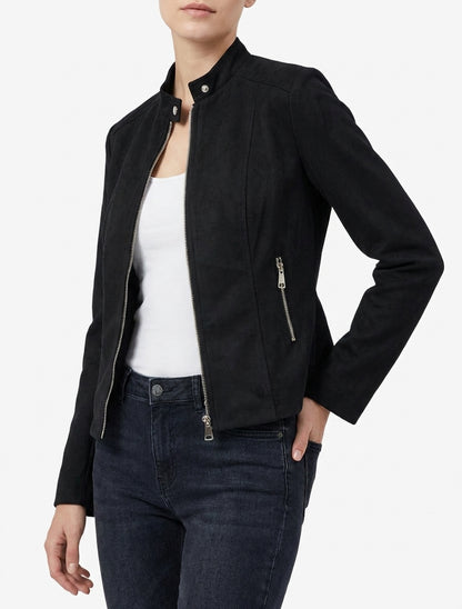 Veste en suédine à col montant et zip - Noir