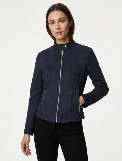 Veste en suédine à col montant et zip - Marine