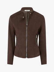 Veste en suédine à col montant et zip - Marron - 1