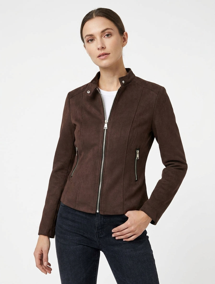 Veste en suédine à col montant et zip - Marron