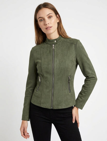 Veste en suédine à col montant et zip - Kaki