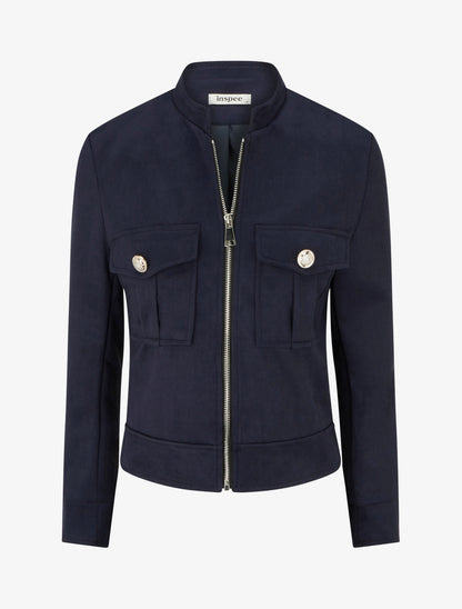 Veste en suédine zippée à poche à rabat - Marine - 1