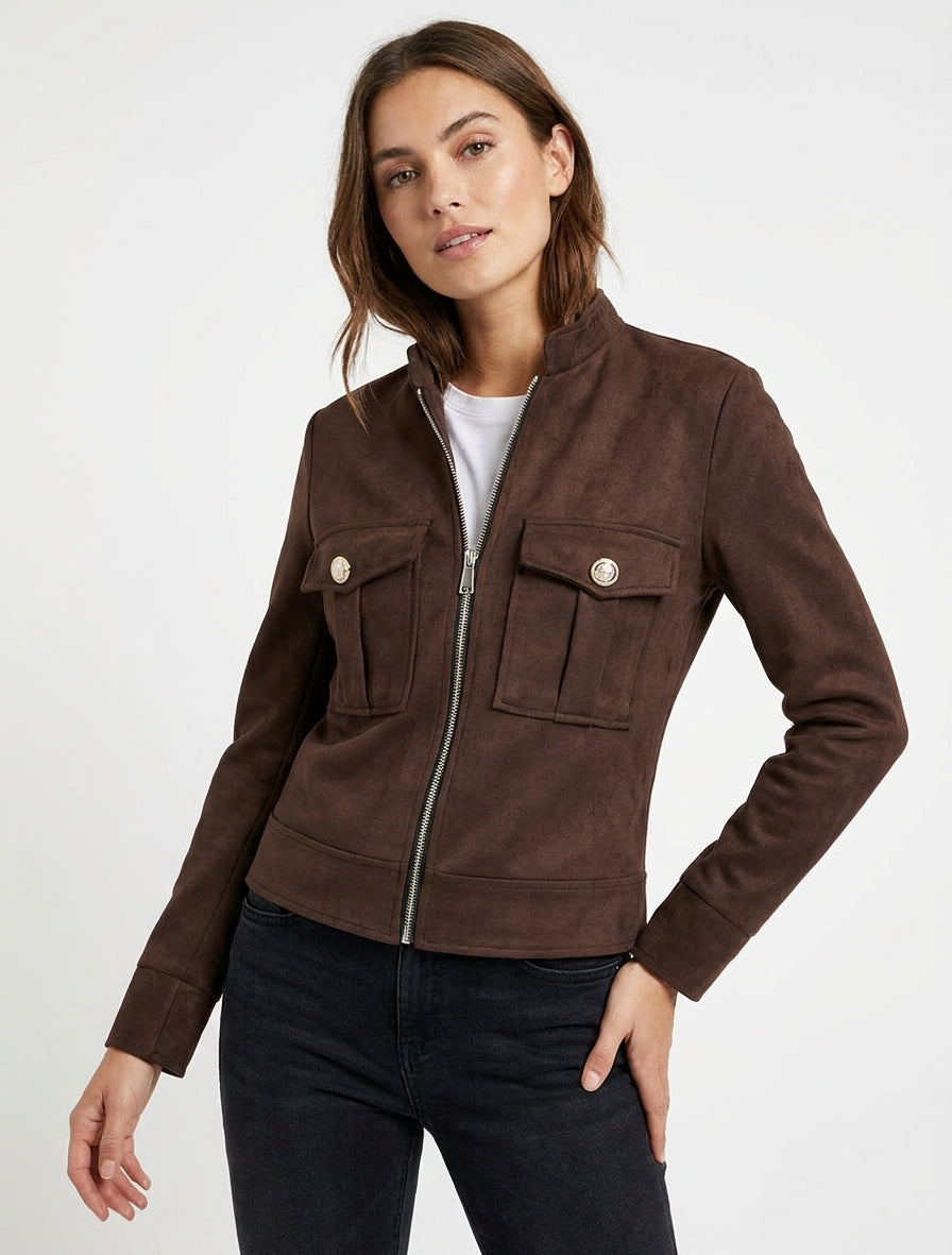Veste en suédine zippée à poche à rabat - Marron