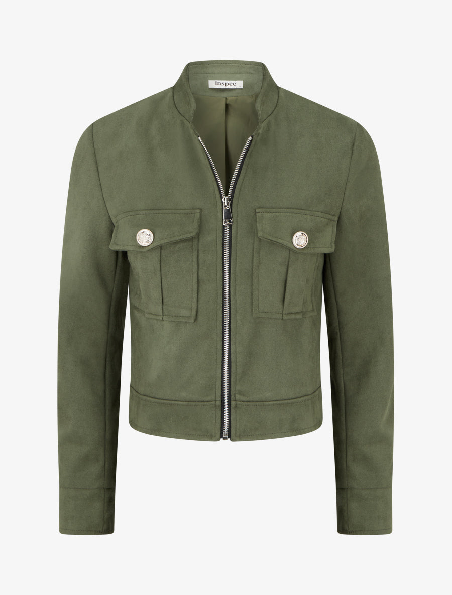 Veste en suédine zippée à poche à rabat - Kaki - 1