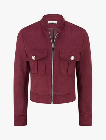 Veste en suédine zippée à poche à rabat - Lie de vin - 1