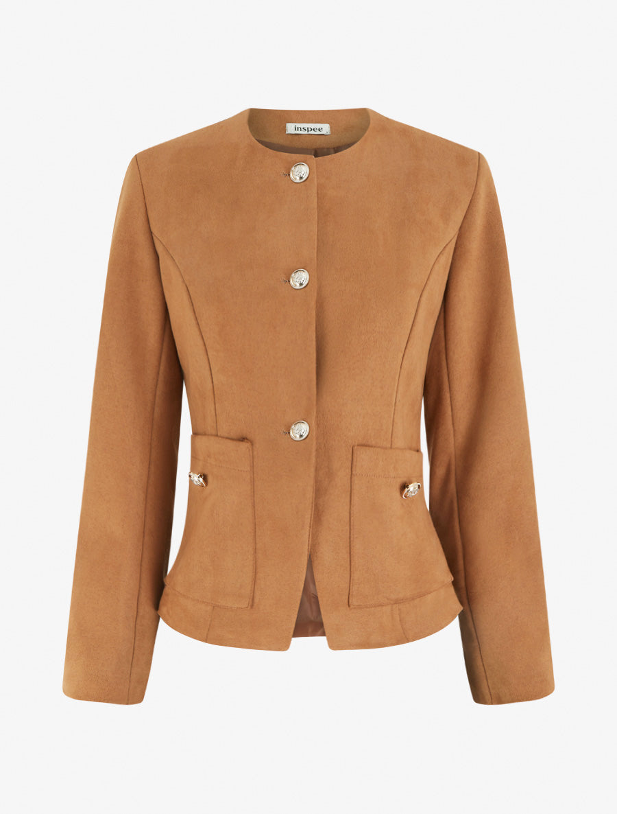 Veste en suédine boutonnée à col rond - Camel - 1