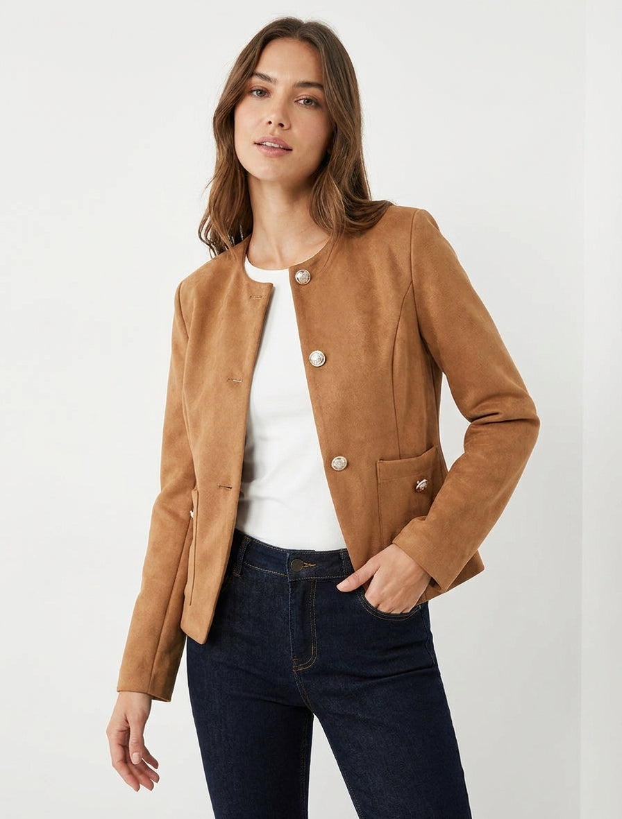 Veste en suédine boutonnée à col rond - Camel