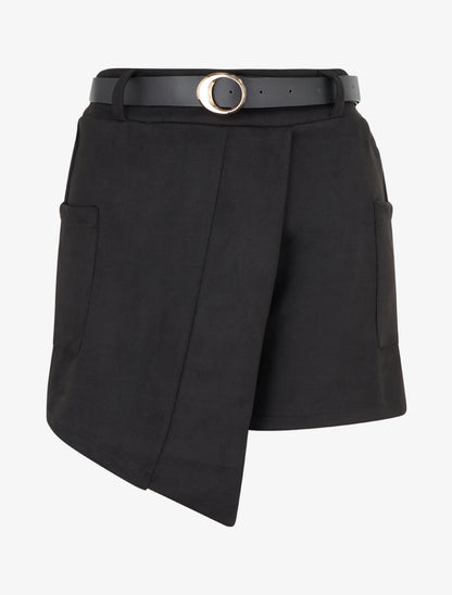 Short suédine style jupe à poches plaquées - Noir - 1