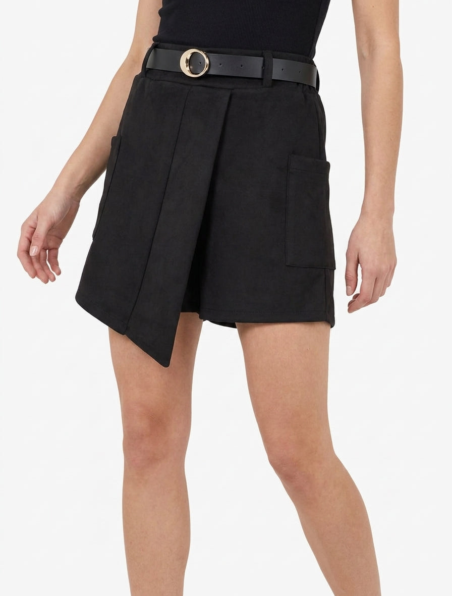 Short suédine style jupe à poches plaquées - Noir