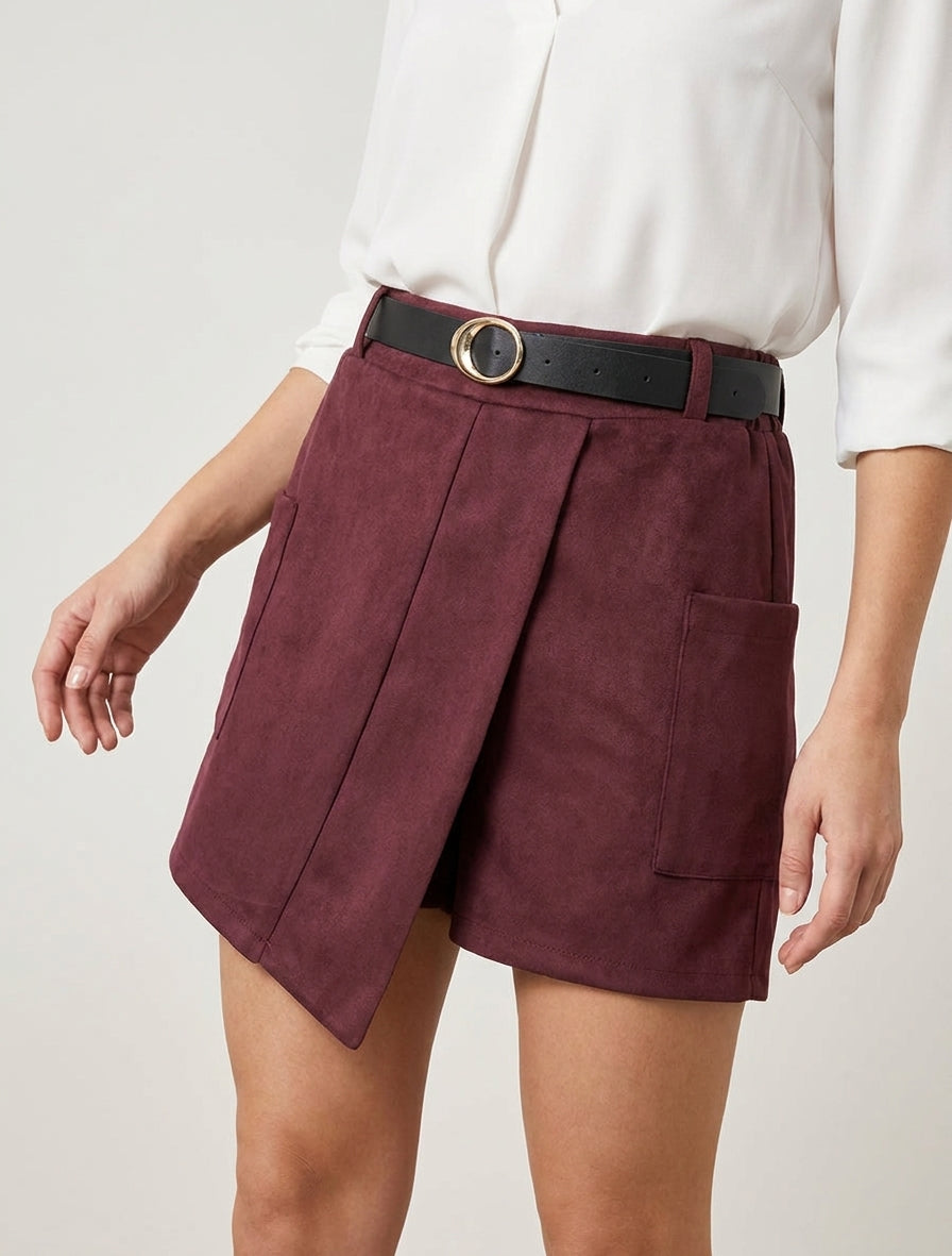 Short suédine style jupe à poches plaquées - Lie de vin