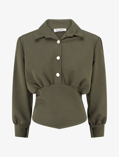Blouse élastiquée à col à pied - Kaki - 1