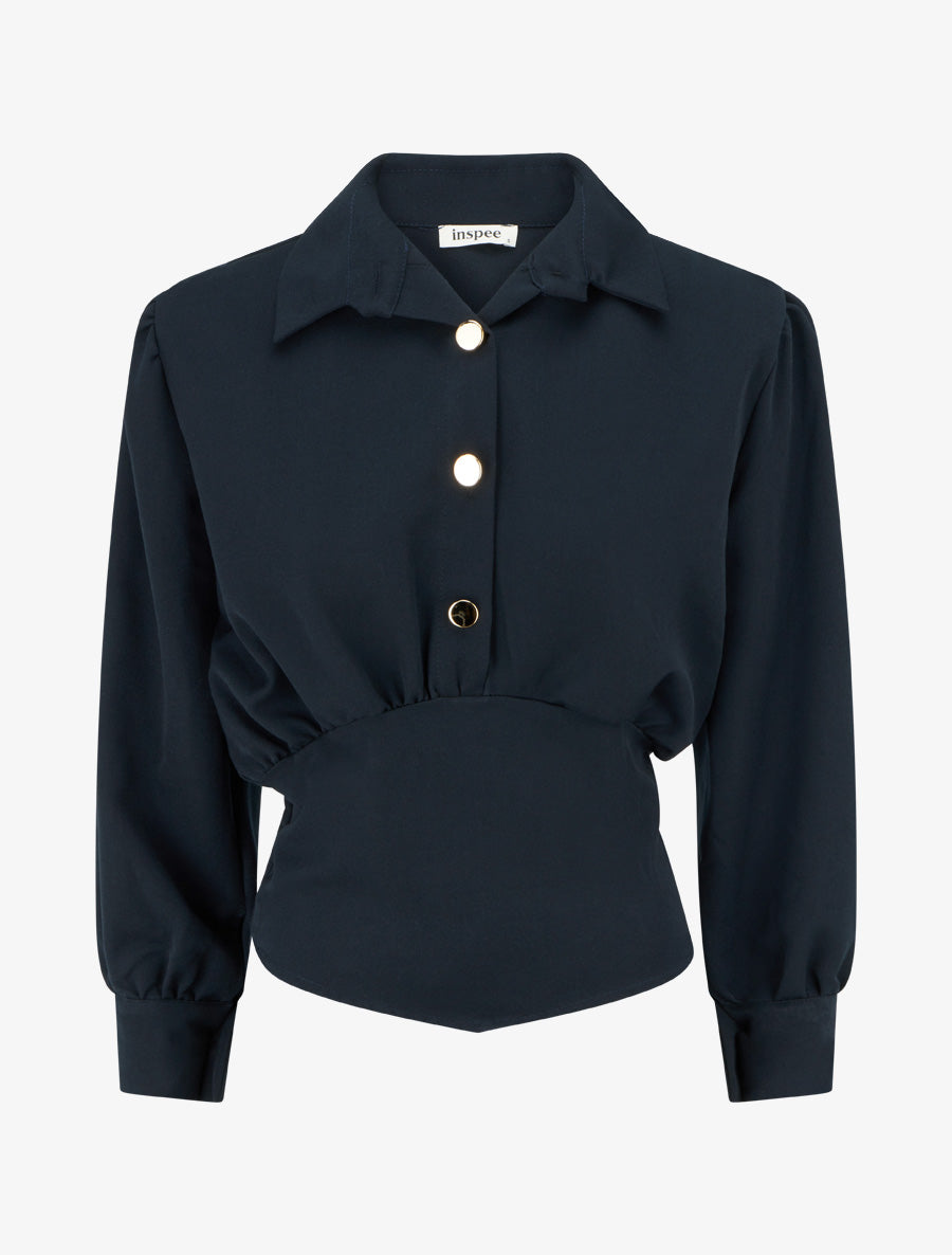 Blouse élastiquée à col à pied - Marine - 1