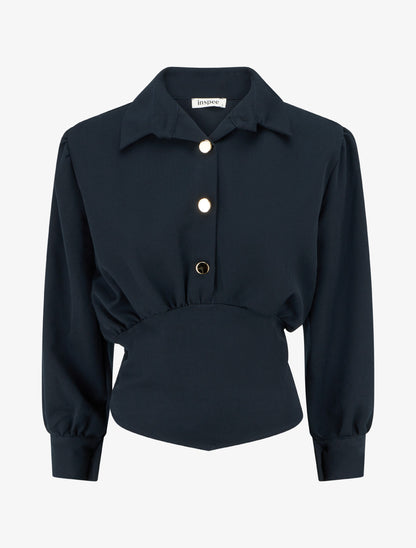Blouse élastiquée à col à pied - Marine - 1