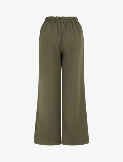 Pantalon uni à taille élastiquée - Kaki - 2