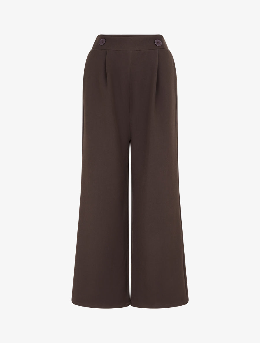 Pantalon uni à taille élastiquée - Marron - 1