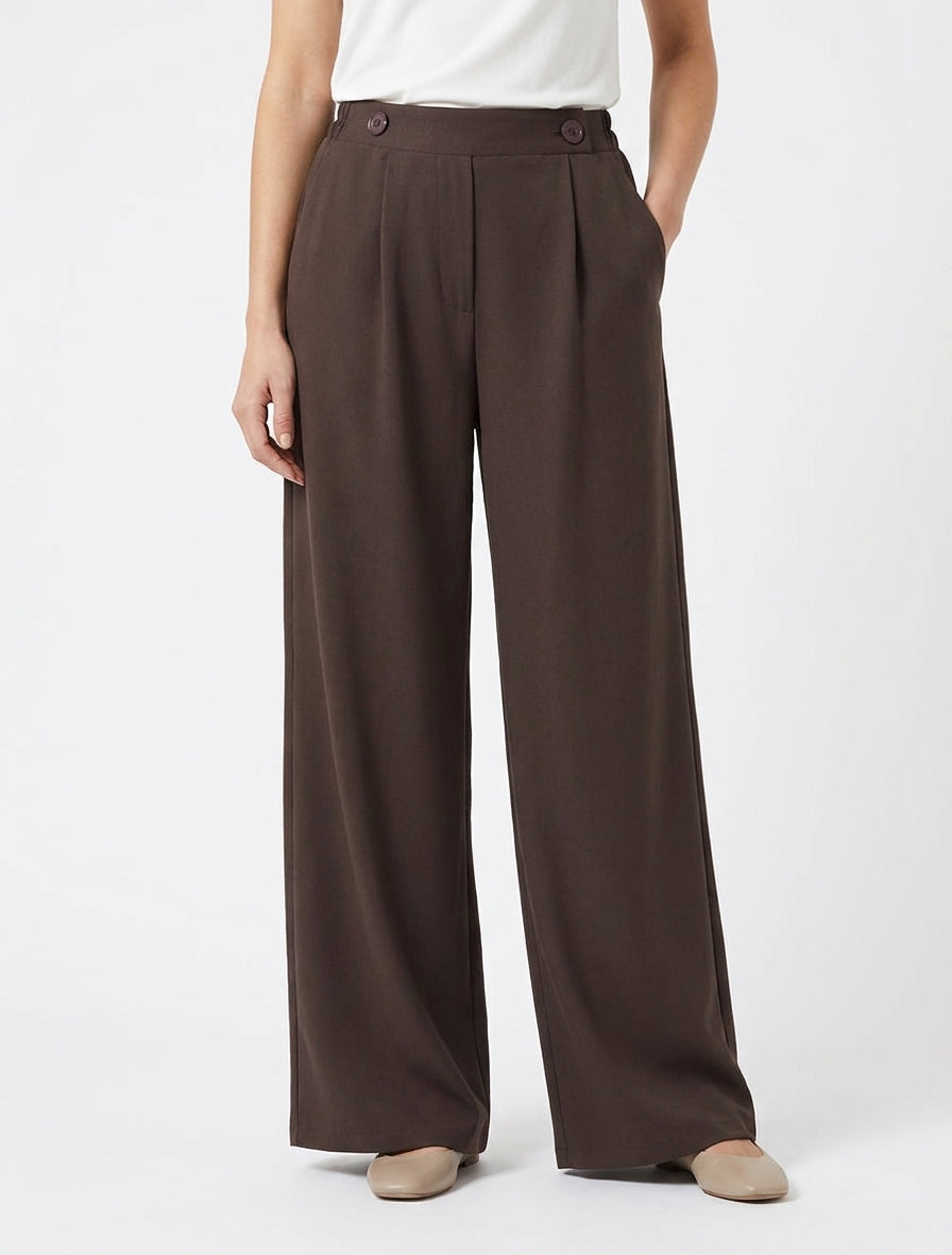 Pantalon uni à taille élastiquée - Marron
